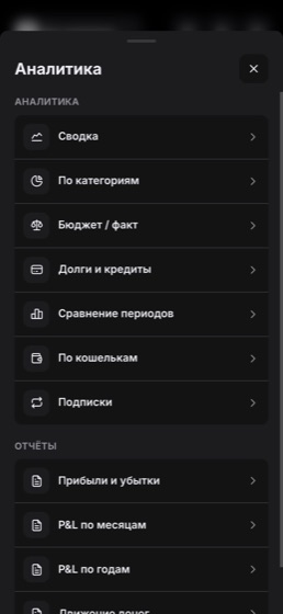 Разделы аналитики и отчётов в мини-аппе
